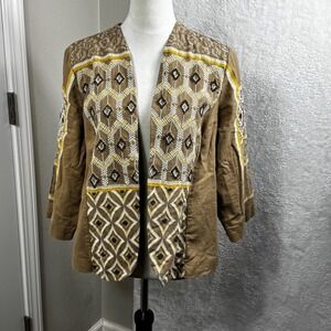 Chico's Embroidered‎ Linen Rayon Open Front Jacket Size 1 (M) Boho Chic